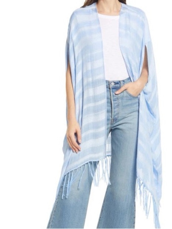 Treasure & Bond Other - Treasure &Bond Light Blue Striped Fringe Open Arm Hole Flowy Cape Wrap Ruana OS